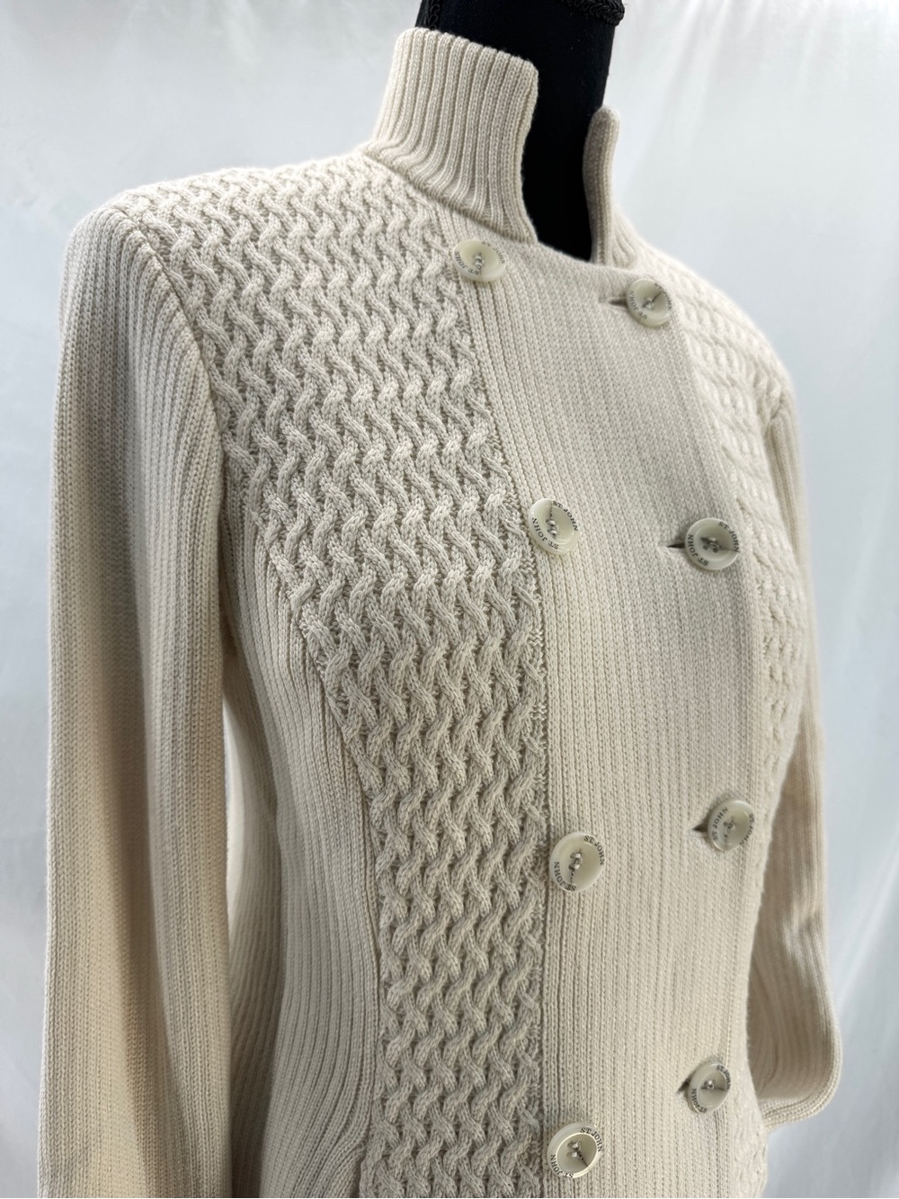 St. John Sport Ivory Cable-Knit Double-Breasted Sweater Jacket Small Old Money